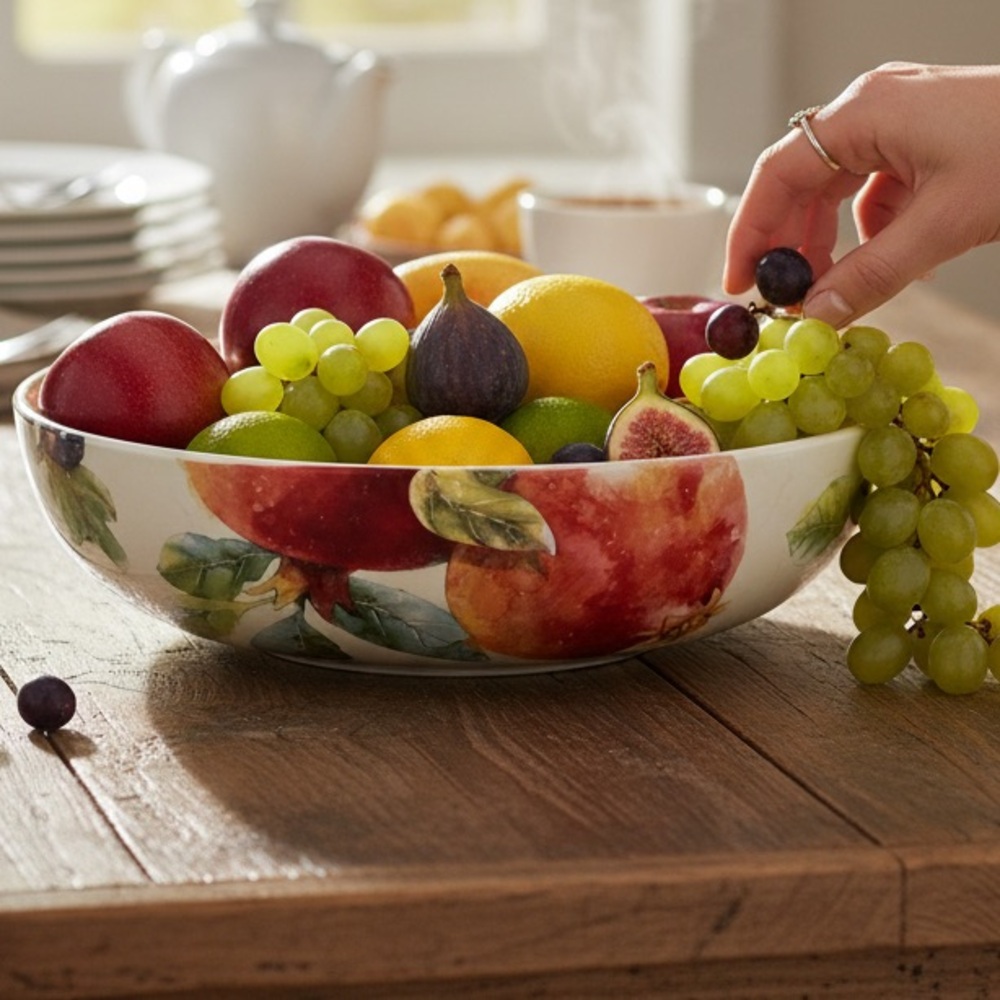 Pier 1 Fruit Motif Large White Serving Bowl Green, Yellow, Red, Purple Accents